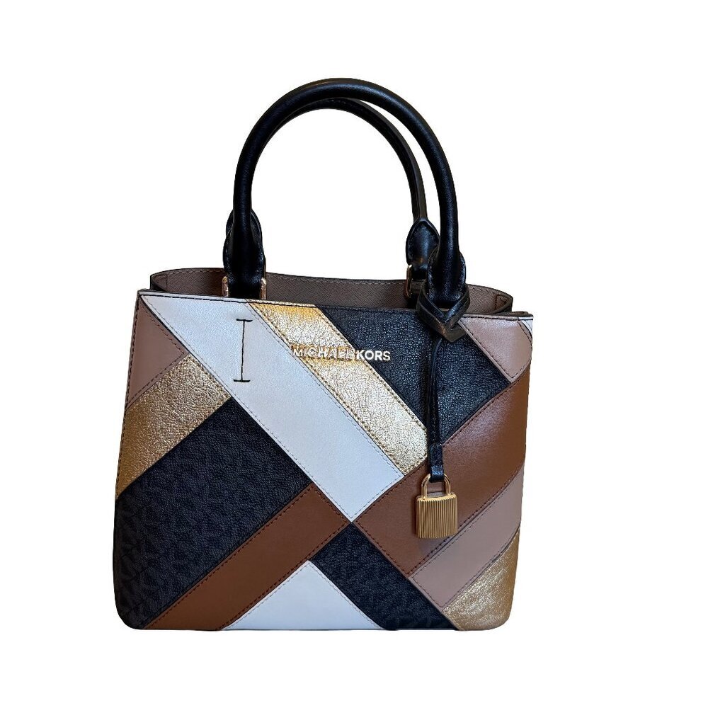 Michael Kors Adele Patchwork Tote Purse Small Bag Metallic Leather + Wallet